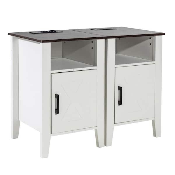 SKYSHALO Farmhouse End Table (Set of 2), Nightstand with Charging Station, 3 Tiers Side Table with Storage Cabinet, End Table