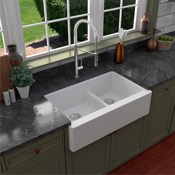 Karran Farmhouse Apron Front Quartz Composite 34 in. Double Offset Bowl Kitchen Sink in White