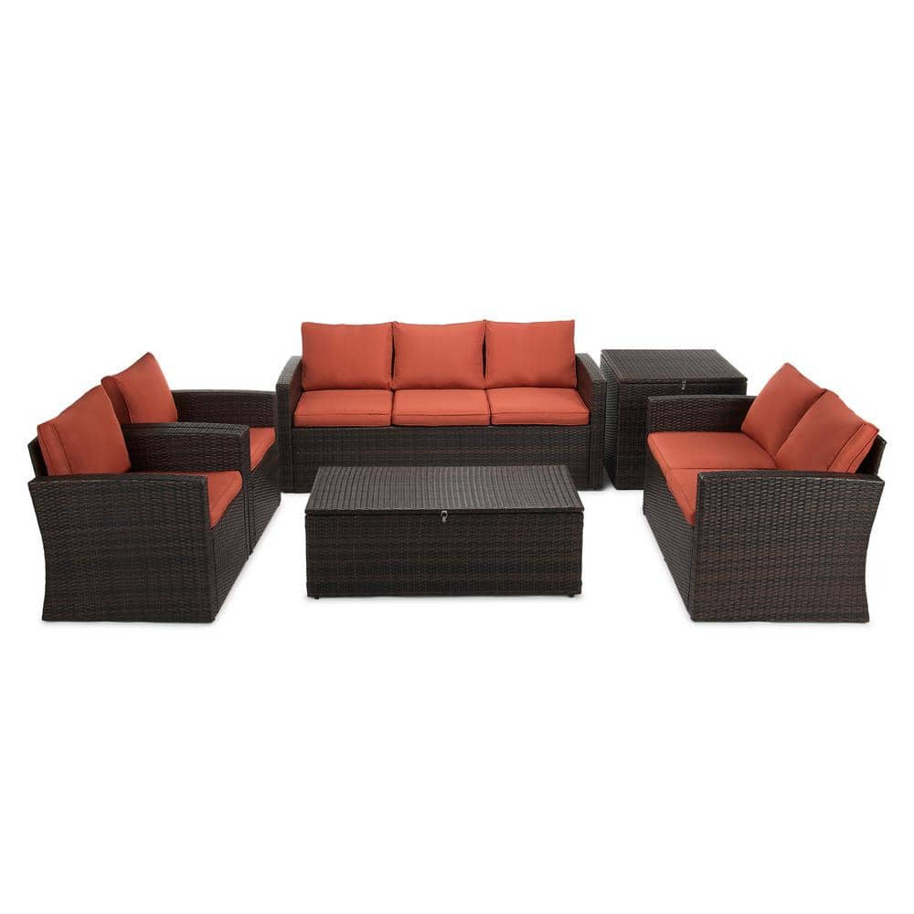6-Piece Wicker Outdoor Patio Conversation Furniture Set with Cushions in Or