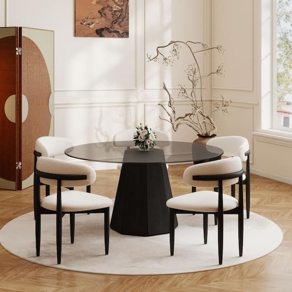 Magic Home Modern 59.05 in. Black Round Tempered Glass Tabletop Dining Table with Black Pedestal Base (Seats 8)