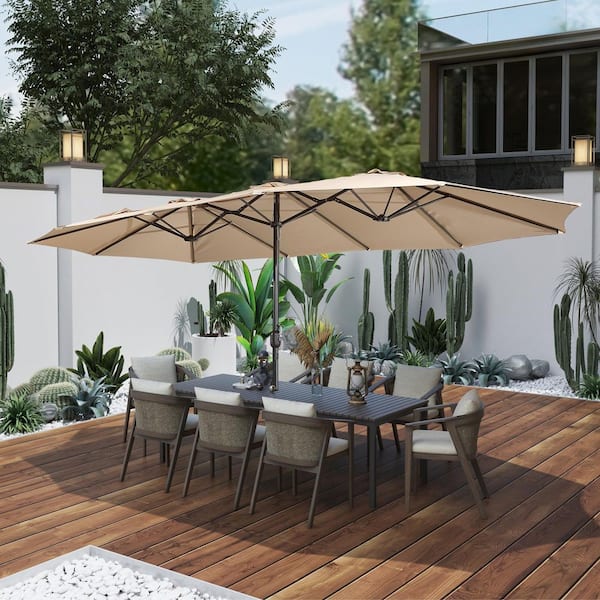 Unbranded 15 ft. Steel Market Patio Umbrella Double-Sided Twin Large Patio Umbrella with Base in Tan