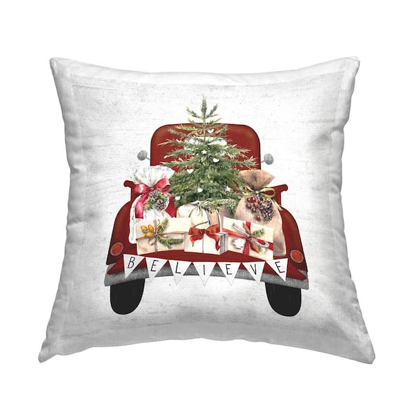 Believe Christmas Gifts Truck Red Print Polyester 18in. X 18in. Throw Pillow