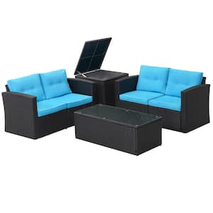 6-Piece Metal Black Wicker Patio Conversation Set with Deck Box and Blue Cushion