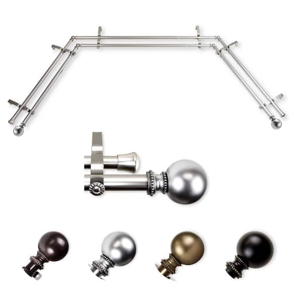 EMOH 13/16" Dia Adjustable 20"-36", 38"-72" Bay Window Double Curtain Rod with Stevie Finials in Satin Nickel