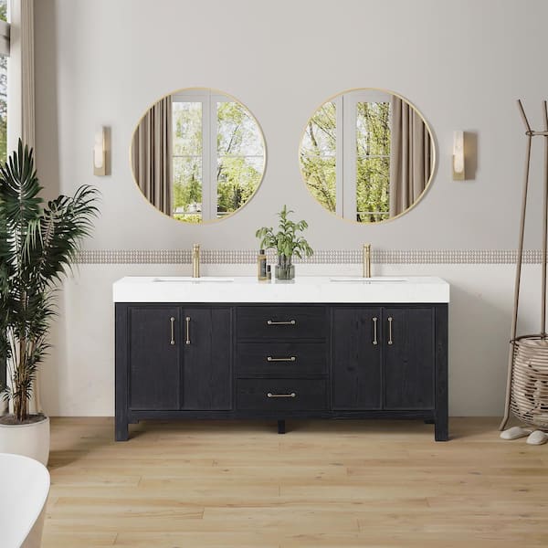 ROSWELL Leon 72 in. W x 22 in. D x 34 in. H Double Bath Vanity in Fir Wood Black with White Composite Stone Top and Mirror