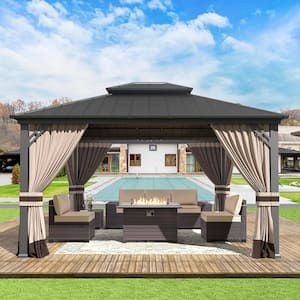 12 ft. x 14 ft. Gray Metal Hardtop Gazebo with Double Roof Pergola, Netting and Curtain Sand