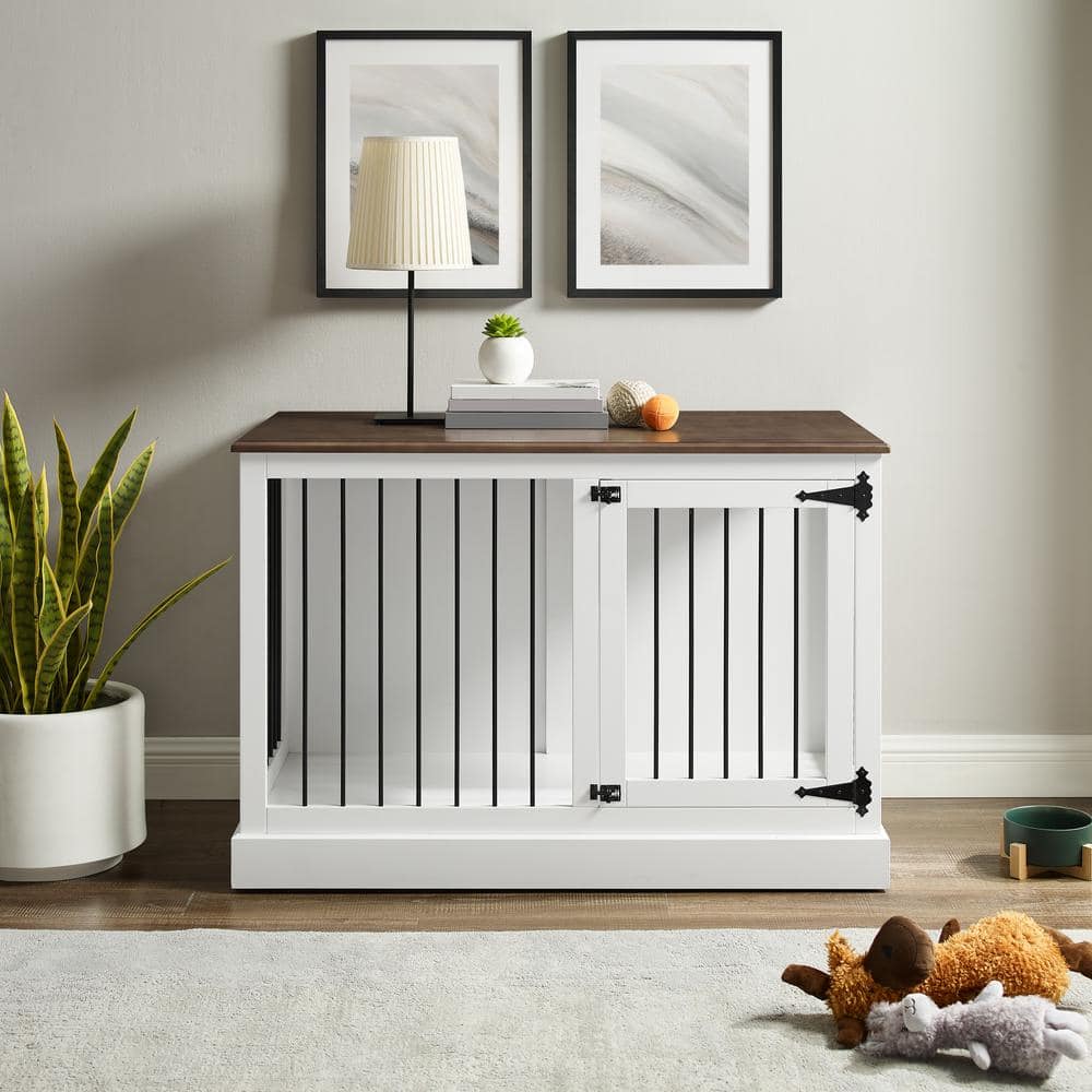 Small White Wood and Steel Corner Dog Crate Credenza