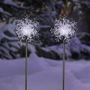 33 in. Tall White Solar Snowflake Garden Stake with Cool LED Light (Set of 2)