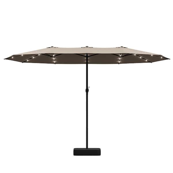 15 ft. Large Market Patio Umbrella with 36 Solar Lights Double-Sided Outdoor Umbrella with Base for Garden Deck in Beige