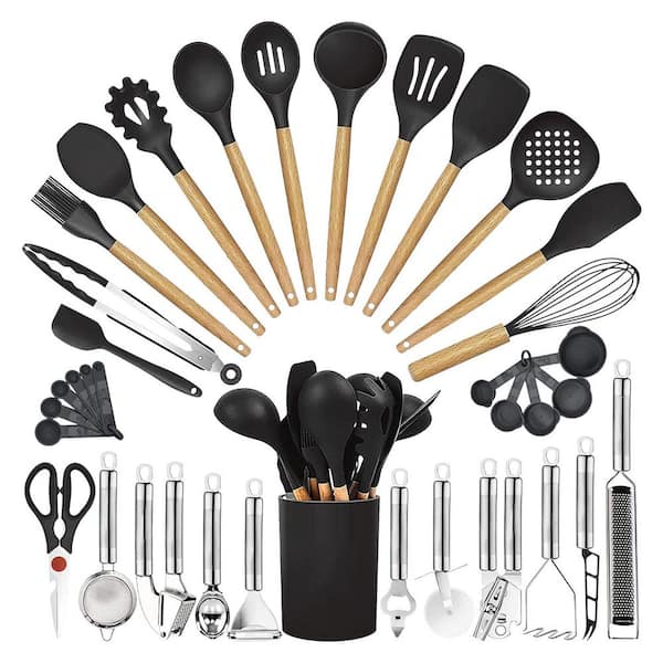 35-Piece Silicone and Wood Cooking Utensil Set Gray Finish Heat Resistant Nonstick Kitchen Tool Accessory Set