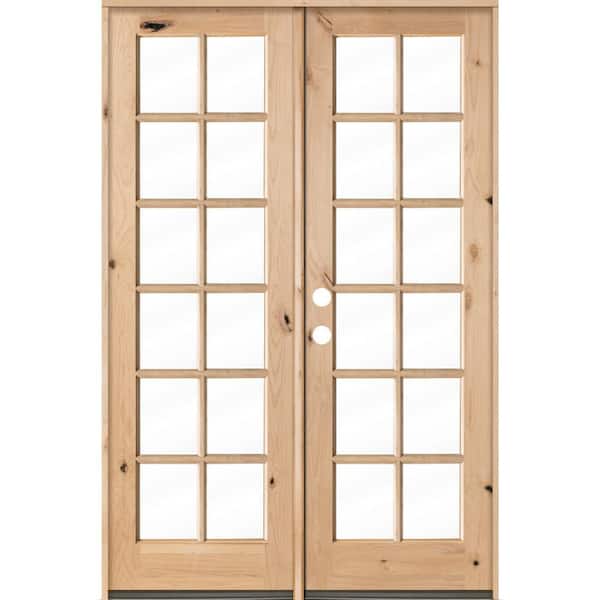 64 in. x 96 in. French Knotty Alder 12-Lite Clear Glass Unfinished Wood Right Active Inswing Double Prehung Front Door