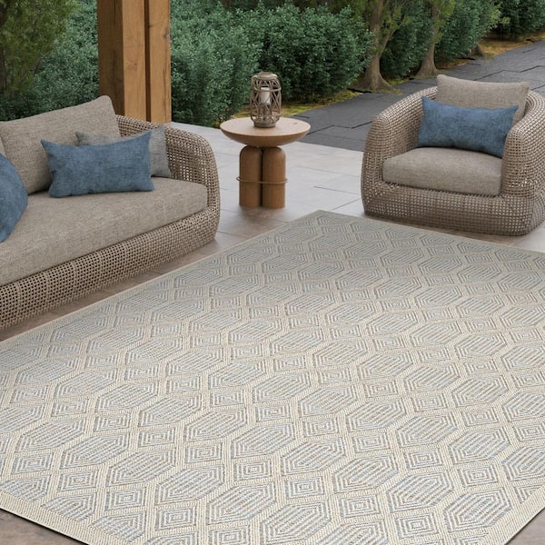 Liguria Rapallo Aqua 9 ft. x 12 ft. Contemporary Flatweave Geometric Polypropylene Rectangle Indoor/Outdoor Area Rug