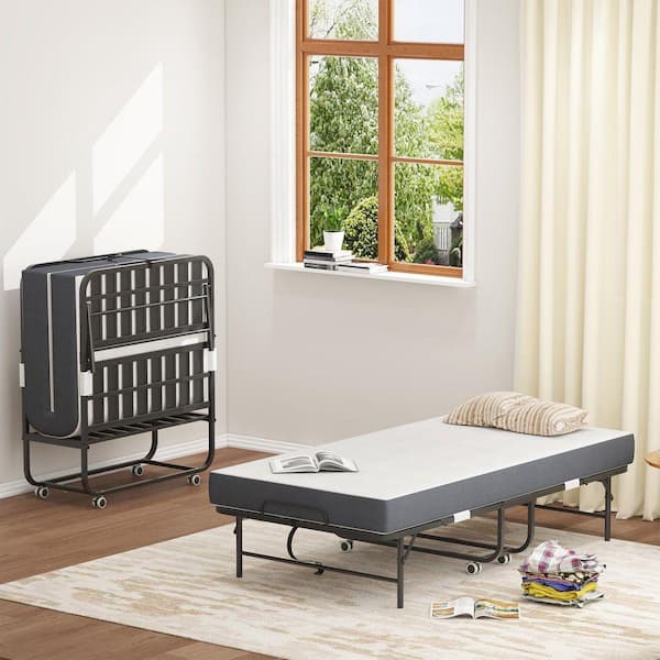 Black Twin Metal Rollaway Bed Folding Bed with 5" Memory Foam Mattress 75" x 38" Portable Foldable Extra Long Twin Bed