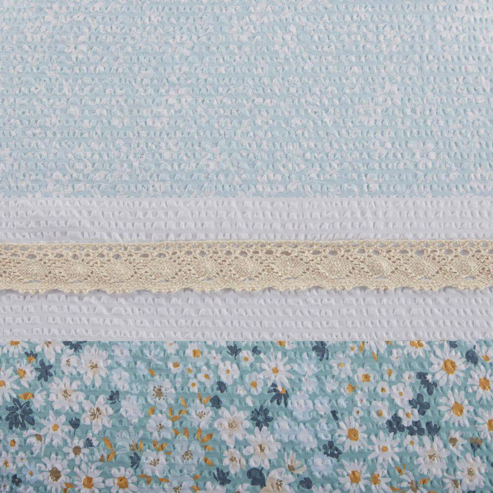 Aqua Seersucker Floral Full Comforter Set with Throw Pillows