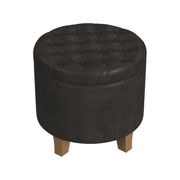 Benjara Wes Black and Honey Oak Brown Faux Leather Round Storage Ottoman