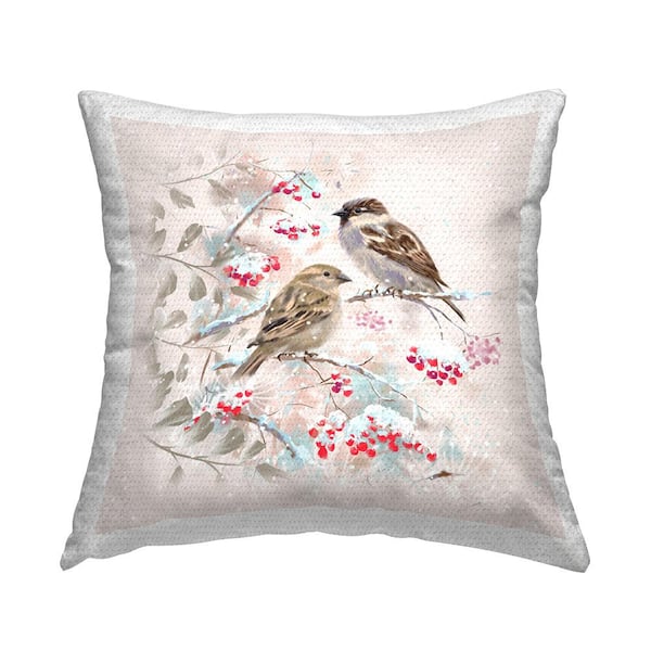 Winter Holly Branches Birds Multi-Color Square Outdoor Throw Pillow