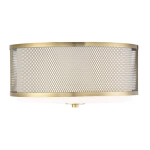 14.75 in. W x 6.25 in. H 3-Light Natural Brass Flush Mount Ceiling Light with White Fabric Shade and Metal Mesh Frame
