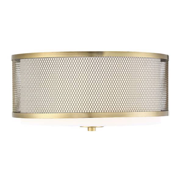 14.75 in. W x 6.25 in. H 3-Light Natural Brass Flush Mount Ceiling Light with White Fabric Shade and Metal Mesh Frame
