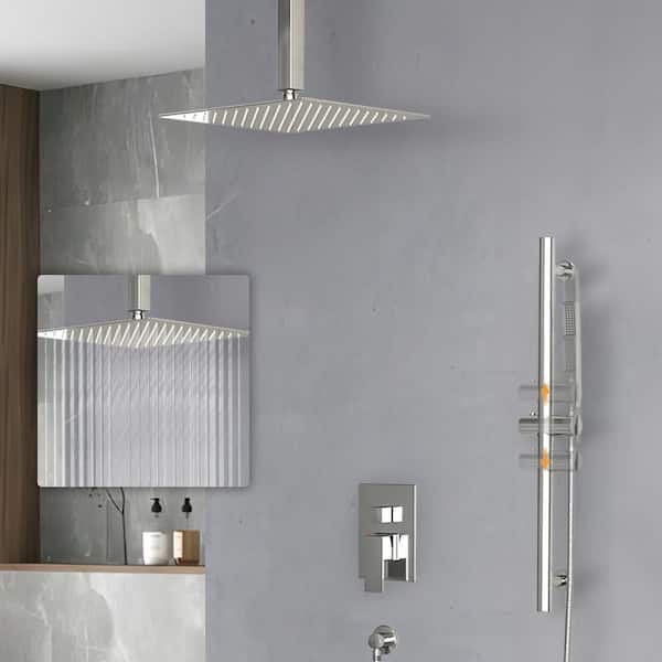 UPIKER 2-Spray Celling Mount Dual Shower System with 16 in. Square 1.8 GPM Shower Faucet in Brushed Nickel Valve Include)