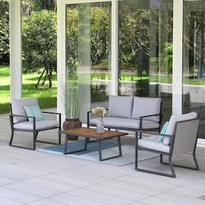 Modern Style 4-Piece Teslin Metal Patio Conversation Set with 100% Olefin Waterproof Gray Cushions