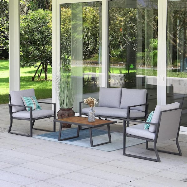 Tenleaf Modern Style 4-Piece Teslin Metal Patio Conversation Set with 100% Olefin Waterproof Gray Cushions