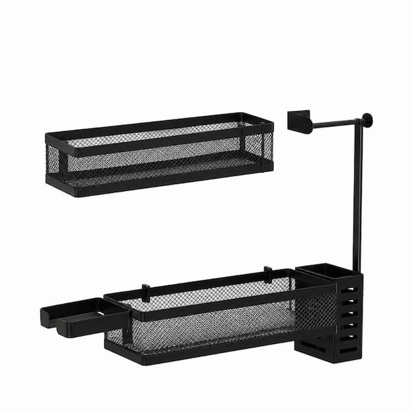 5-in-1 Matte Black Wide Wall Mount Mesh Organizer with Paper Towel Holder, Utensil Caddy, Soap Dish
