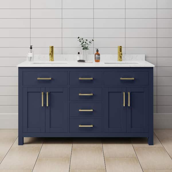 Wyndham Collection Beckett 60 in. W x 22 in. D Double Vanity in Dark Blue with Cultured Marble Vanity Top in Carrara with White Basins