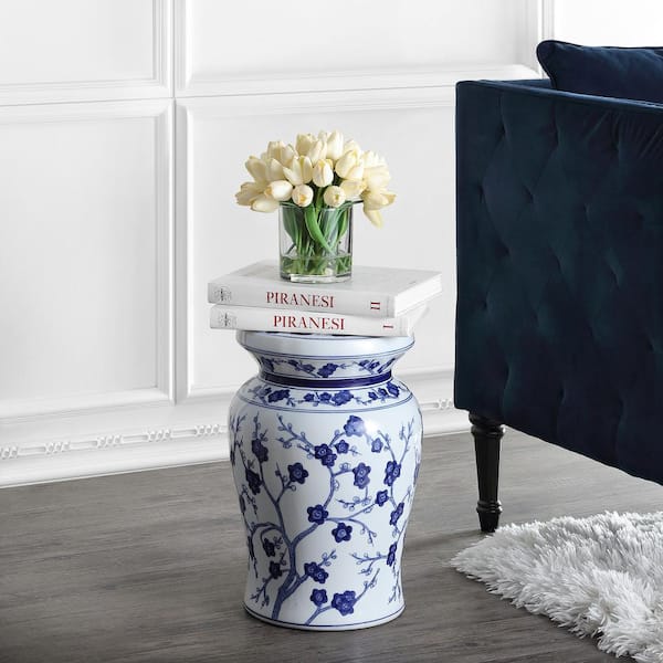 Cherry Blossom 17.7 in. White/Blue Ceramic Garden Stool