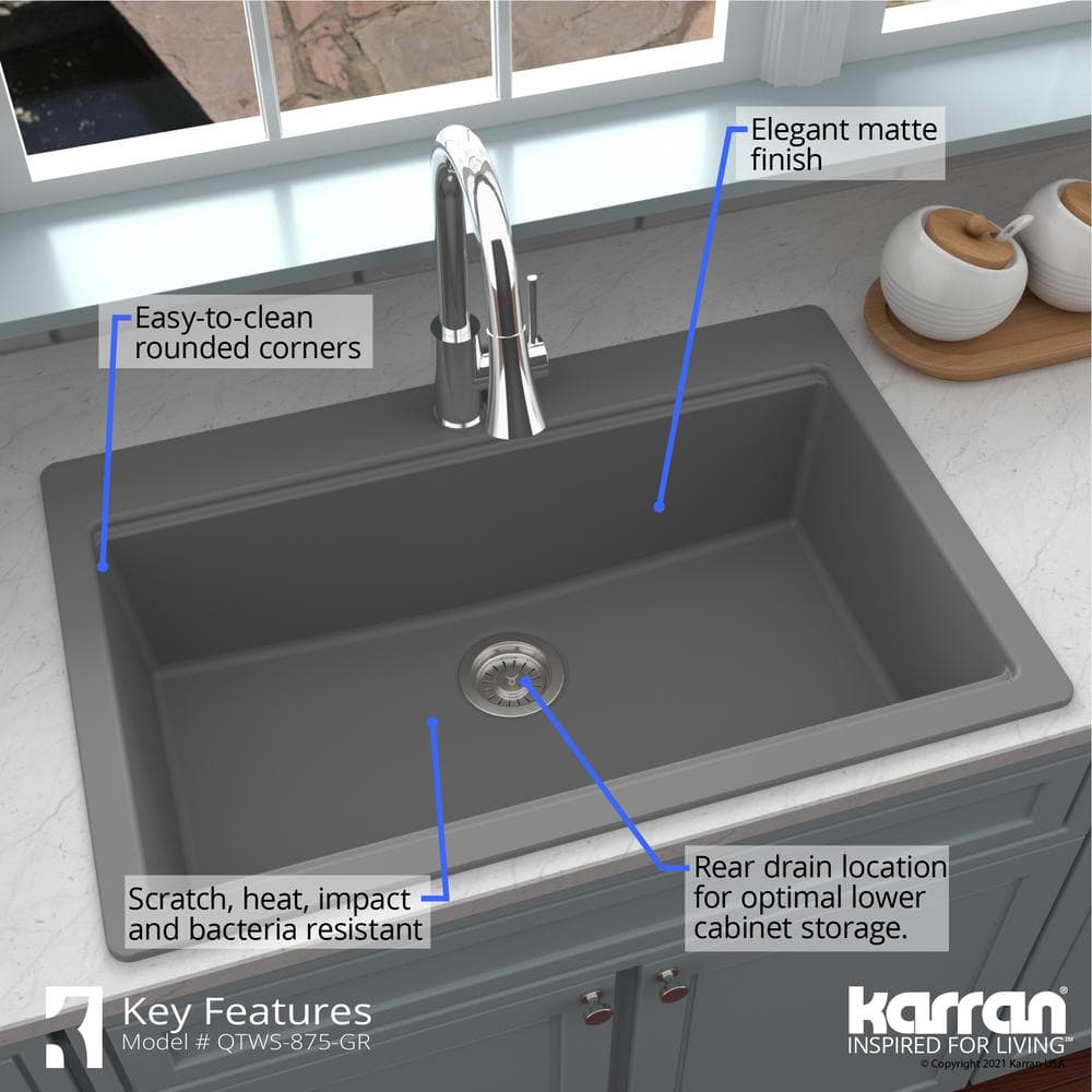 Gray Quartz 33'' Single Bowl Drop-in Workstation Sink