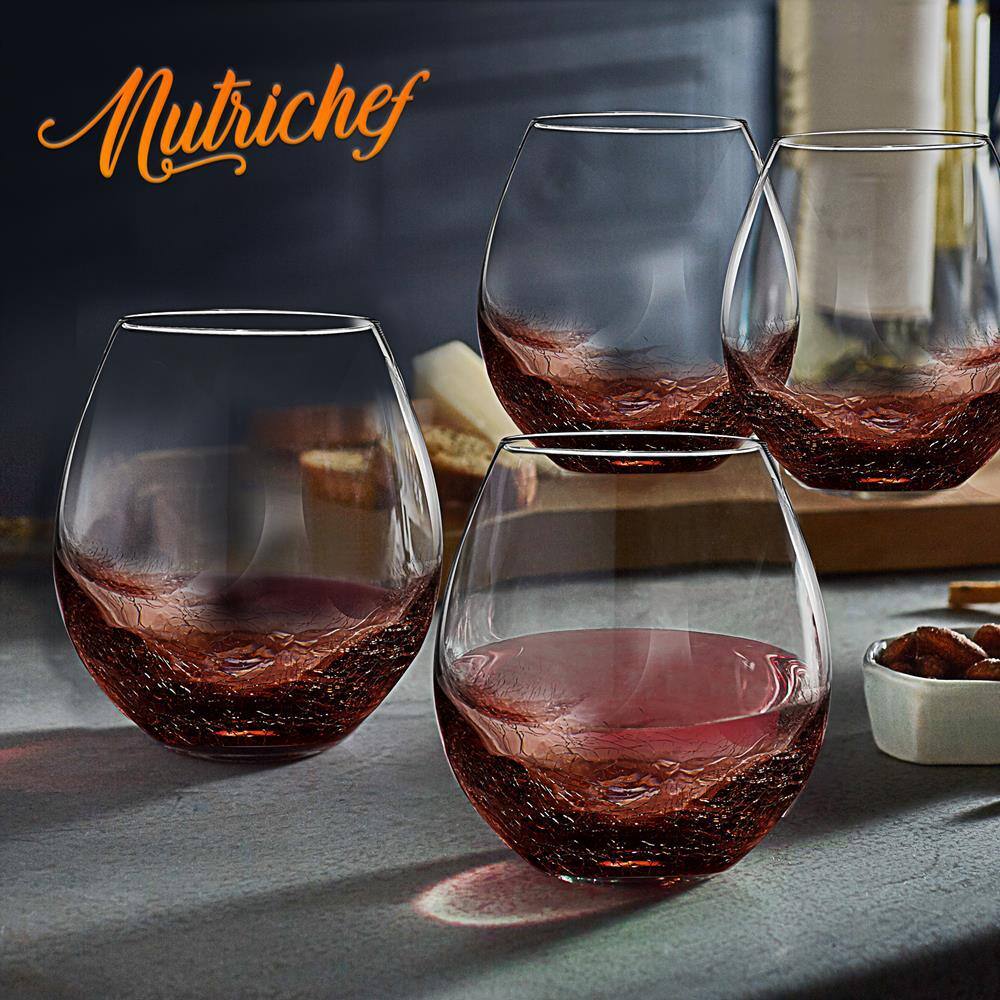 Hand-Blown Crystal Stemless Wine Glasses with Ice Crack Effect, Set of 4