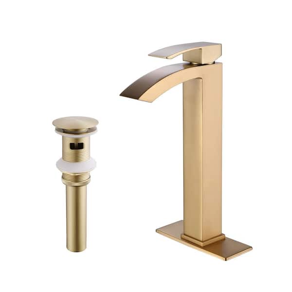 AIMADI Single Handle Waterfall Bathroom Vessel Sink Faucet with Drain Assembly 1-Hole Brass Tall Bathroom Taps in Brushed Gold