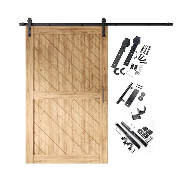 HOMACER XT2 50 in. x 80 in. C-Panel Unfinished Slanted Stripe Design Solid Pine Wood Sliding Barn Door with Hardware Kit