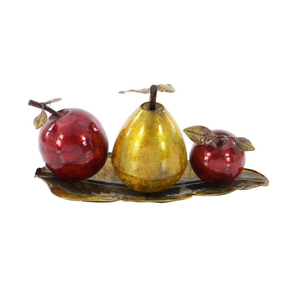 Glossy Red Apple and Yellow Pear Metal Sculpture on Leaf Tray
