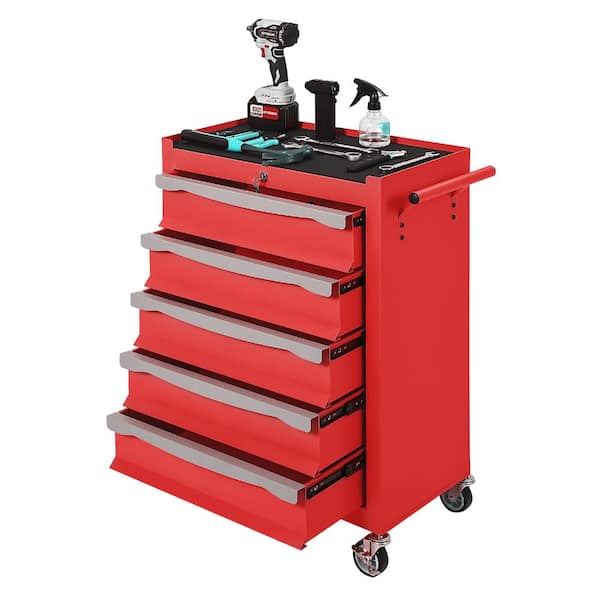 5-Drawer Heavy Duty Rolling Tool Chest, Mobile Tool Storage Cart, with Keyed Lock, Drawer Liners, Link Buckle