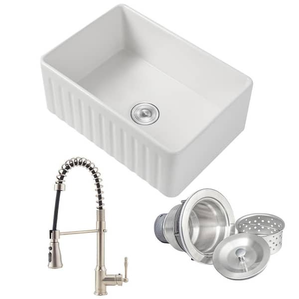 White Fireclay 30 in. Single Bowl Apron-Front Kitchen Sink with Faucets and Basket Strainer