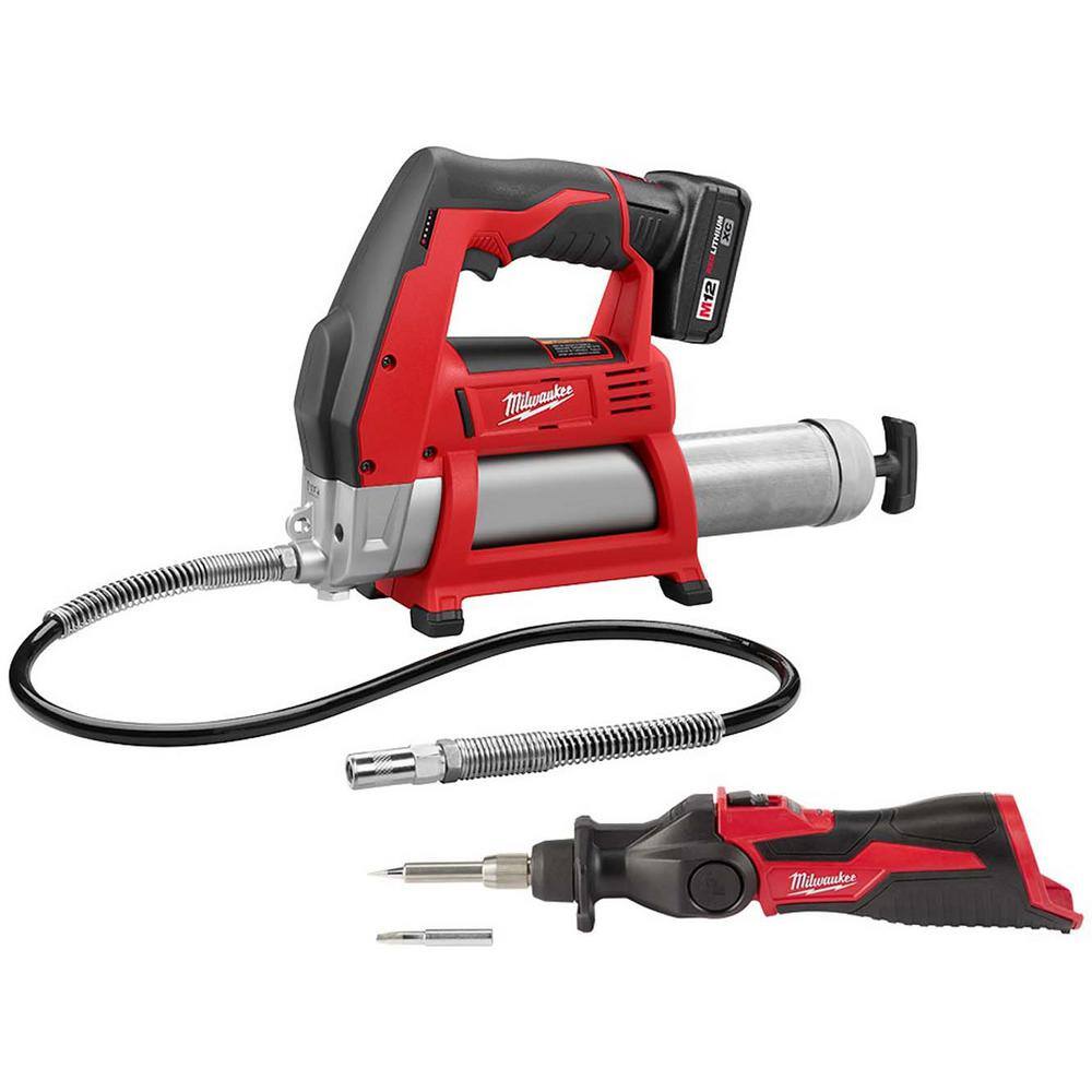 Milwaukee M12 12-Volt Lithium-Ion Cordless Grease Gun Kit with One 3.0 Ah Battery, Charger and Tool Bag with M12 Soldering Iron