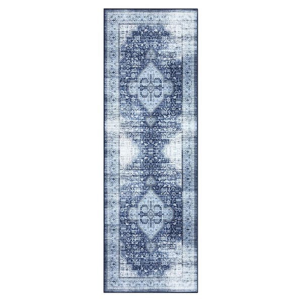 Garvee Machine Washable Carpet Retro Print Rug Anti-fouling and Anti-slip for Bedroom Living Room Office Blue 2X6ft