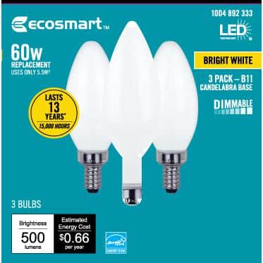 60-Watt Equivalent B11 Dimmable Candelabra ENERGY STAR Frosted Glass Vintage Edison LED Light Bulb Bright White (3-Pack)