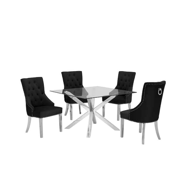 Best Quality Furniture Anitta 5-Piece Square Glass Top With Stainless Steel Base Table Set With 4 Black Velvet Chair With Stainless Steel Legs