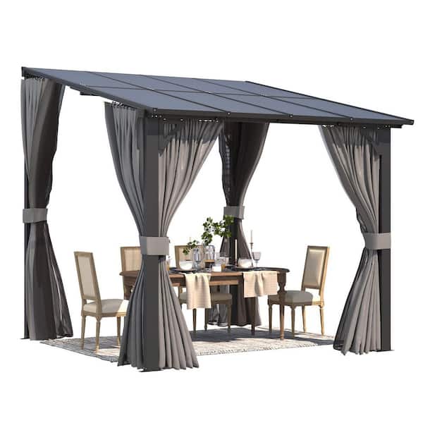 AECOJOY 8 ft. x 8 ft. Outdoor Hard Top Gazebo for Patio, Small Wall-Mounted Lean to Pergola with Curtains and Netting