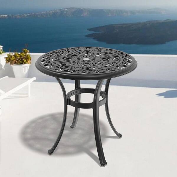 Black Round Cast Aluminum Outdoor Dining Table-Umbrella Hole Patio