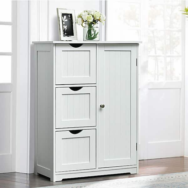 24 in. W x 12 in. D x 32 in. H White Bathroom Linen Cabinet Freestanding Storage Cabinet with 3 Drawers 1 Door