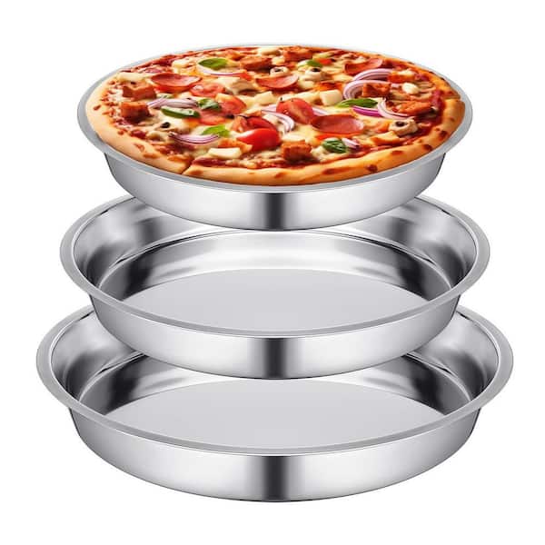 3 Piece Stainless Steel Deep Pizza Pan Set Rust Proof Dishwasher Safe Oven Tray for Baking, Serving, Display