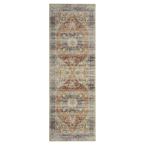 GlowSol Taupe 2 ft. x 6 ft. Machine Washable Floral Indoor Runner Area Rug