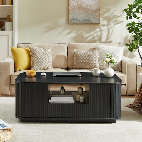 Blair Modern 46.5 in. Oval Black MDF Wood Coffee Table with Drawers and Storage, Fluted Panel, Curved Contour