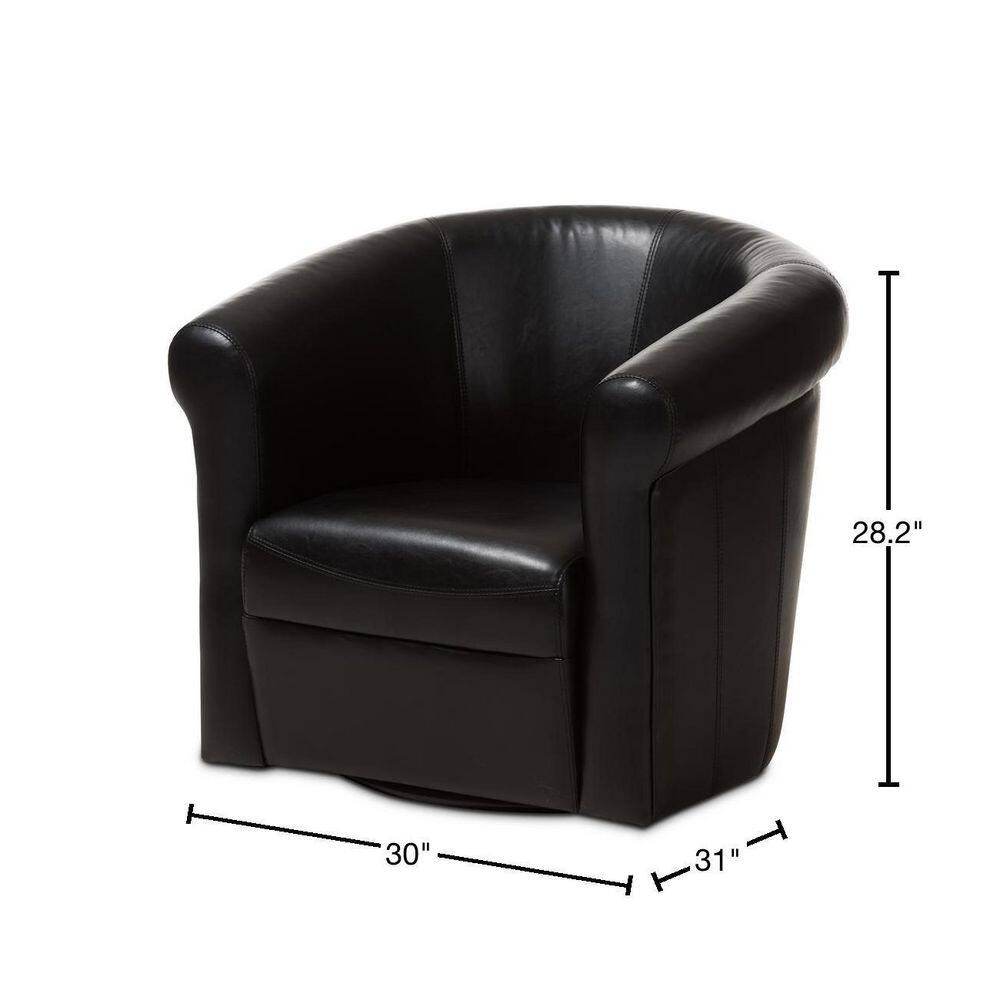 Swivel Barrel Accent Chair in Black Faux Leather with Wooden Frame