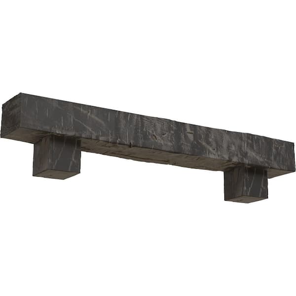 Ekena Millwork 4 in. x 4 in. x 4 ft. Hand Hewn Faux Wood Fireplace Mantel Kit, Alamo Corbels, Aged Cedar