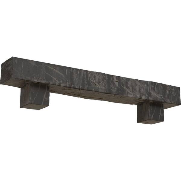 Ekena Millwork 4 in. x 4 in. x 6 ft. Hand Hewn Faux Wood Fireplace Mantel Kit, Alamo Corbels, Aged Cedar