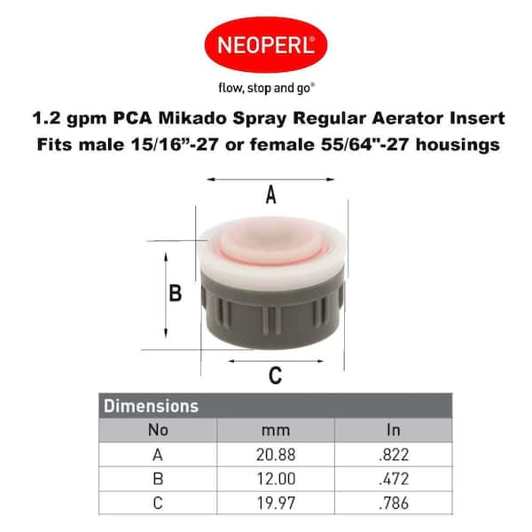 0.35 GPM Brown/White Dome Pack of 6 Regular 15/16-27 Threads Neoperl 32 3000 3 PCA Mikado Ultimate Low Flow Male Aerator Spray Stream Chrome Finish 0.35 GPM Brown/White Dome Pack of 6 Regular 15/16-27 Threads Neoperl 32 3000 3 PCA Mikado Ultimate Low Flow Male Aerator Spray Stream Chrome Finish