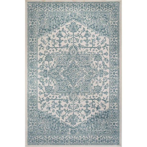 Athena Teal 5 ft. x 7 ft. Rubber Back Washable Oriental Border Indoor Outdoor Patio Area Rug